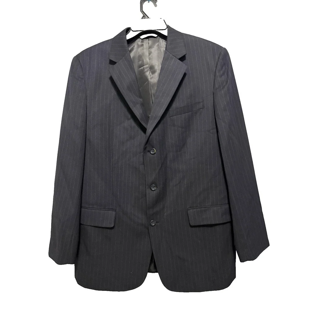 Merona 44R 2PC Suit Blazer Men Pants 36x30 Poly Blend Deep Navy Blue Gray Stripe